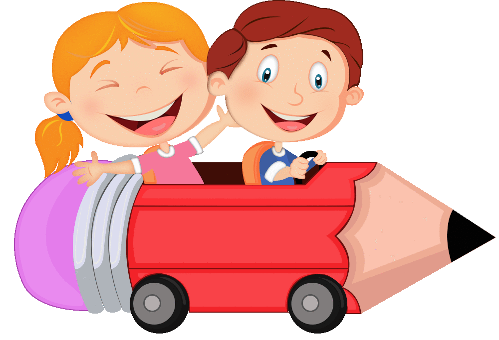 Happy animated students learning together in a colorful classroom setting